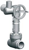Задвижка запорная под приварку с электроприводом (AUMA SA14.6/GK25.2) 884-200-ЭД DN 200 PN 28,4 МПа Т510 °С, корпус ст. 15Х1М1Ф