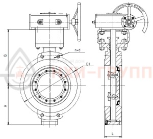 Дисковый затвор поворотный с тройным эксцентриситетом межфланцевый с гладкими проушинами двусторонний с редуктором ЗДП-ТЭ.МФГП.ДС.РД.НХИ.300.100.07.04.04.УХЛ1 DN 300 PN 10 МПа