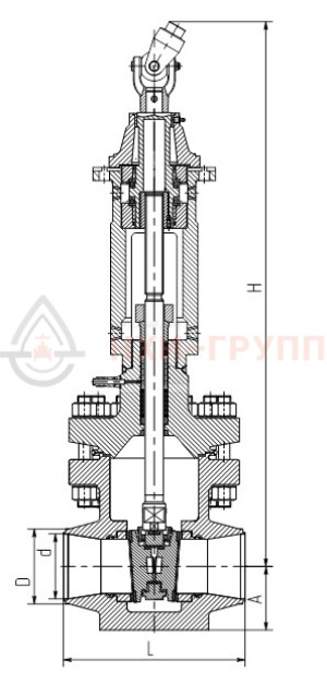 Запорная задвижка под приварку с шарнирной муфтой 895-400-ГА DN 400 PN 11 МПа Т300 °С, корпус ст. 15ГС