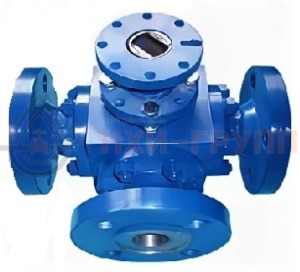 Шаровой кран разборный трехходовой полнопроходной фланцевый с редуктором КШ-Р.ТХ.ПП.Ф.РД.НХИ.200.016.02.ХЛ1 DN 200 PN 1,6 МПа, корпус ст. 09Г2С, класс герметичности «А» по ГОСТ 9544-2015