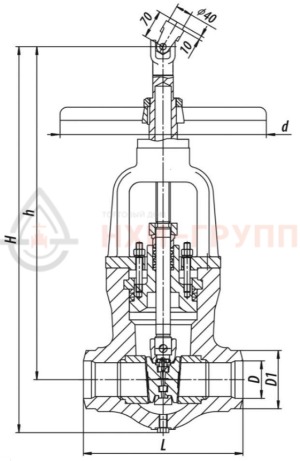 Запорная задвижка под приварку ручная 884-250-Г DN 250 PN 28,4 МПа Т510 °С, корпус ст. 15Х1М1Ф