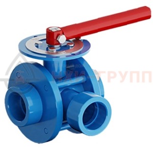 Шаровой кран разборный трехходовой полнопроходной муфтовый ручной КШ-Р.ТХ.ПП.М.Р.НХИ.065.016.02.ХЛ1 DN 65 PN 1,6 МПа, корпус ст. 09Г2С, класс герметичности «А» по ГОСТ 9544-2015