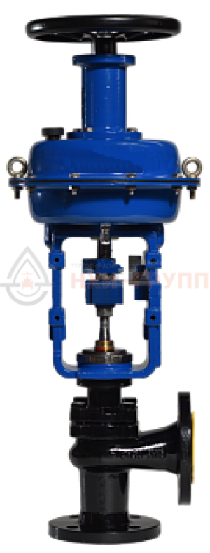 регулирующий клапан односедельный угловой "до себя" нормально закрытый фланцевый 26ч42нж DN 25 PN 1,6 Мпа У3 с МИМ, корпус чугун