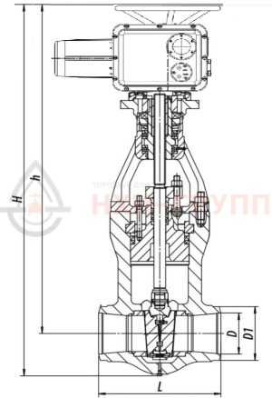 Запорная задвижка под приварку с электроприводом (ГЗ-Д.5000/12 У1) 880-300-ЭГ DN 300 PN 37,3 МПа Т280 °С, корпус ст. 15ГС