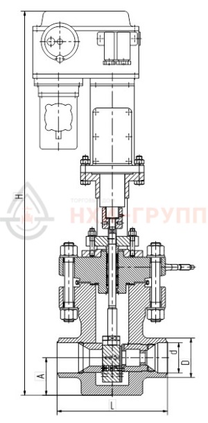 регулирующий клапан с электроприводом под приварку 1074-100-Э-01 DN 100 PN 24,5 МПа Т100 °С, корпус ст. 08Х18Н10Т