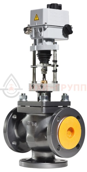регулирующий клапан трехходовой фланцевый 27с947нж DN 100 PN 1,6 Мпа У1 с ЭИМ, корпус ст. 25Л