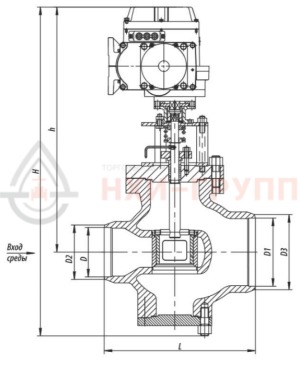 регулирующий клапан под приварку с электроприводом (МЭОФ-250/25-0,25У-99К) 6с-12-4Э DN 300 PN 6,3 МПа Т425 °С, корпус ст. 25Л