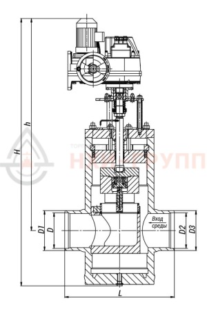 регулирующий клапан разгруженный под приварку с электроприводом (МЭОФ-250/25-0,25У-99К) 23с-80-2-Э DN 80 PN 6,3 Т425 °С, корпус ст. 20