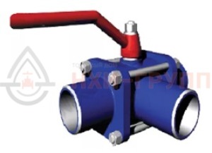 Шаровой кран разборный трехходовой полнопроходной под приварку ручной КШ-Р.ТХ.ПП.П.Р.НХИ.020.040.02.ХЛ1 DN 20 PN 4 МПа, корпус ст. 09Г2С, класс герметичности «А» по ГОСТ 9544-2015