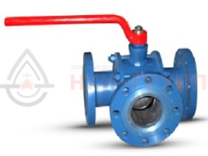 Шаровой кран разборный трехходовой неполнопроходной фланцевый ручной КШ-Р.ТХ.НП.Ф.Р.НХИ.125/100.100.01.У DN 125/100 PN 10 МПа, корпус ст. 20, класс герметичности «А» по ГОСТ 9544-2015