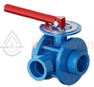 Шаровой кран разборный трехходовой неполнопроходной муфтовый ручной КШ-Р.ТХ.НП.М.Р.НХИ.065/050.100.02.ХЛ1 DN 65/50 PN 10 МПа, корпус ст. 09Г2С, класс герметичности «А» по ГОСТ 9544-2015