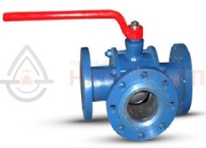 Шаровой кран разборный трехходовой неполнопроходной фланцевый ручной КШ-Р.ТХ.НП.Ф.Р.НХИ.065/050.160.01.У DN 65/50 PN 16 МПа, корпус ст. 20, класс герметичности «А» по ГОСТ 9544-2015