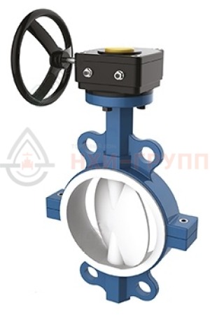 Дисковый затвор поворотный с футерованным диском и корпусом межфланцевый с гладкими проушинами двусторонний с редуктором ЗДП-ФДК.МФГП.ДС.РД.НХИ.200.010.05.04.04.УХЛ1 DN 200 PN 1 МПа