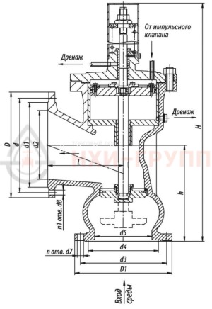 Предохранительный клапан фланцевый 7с-6-3 DN 250 PN 2,5 МПа Т450 °С, корпус ст. 25Л
