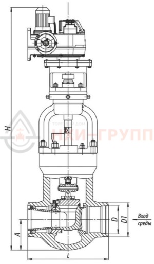 регулирующий клапан под приварку с электроприводом (МЭОФ-1000/20-0,25У-96К) 1416-100-Э DN 100 PN 23,5 МПа Т250 °С, корпус ст. 15ГС