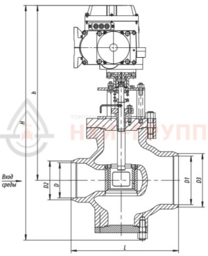регулирующий клапан под приварку с электроприводом (МЭОФ-250/25-0,25У-99К) 6с-13-1Э DN 80 PN 10,0 МПа Т450 °С, корпус ст. 25Л