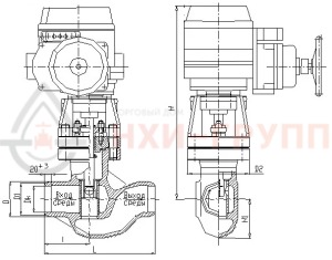 регулирующий клапан под приварку с электроприводом (МЭОФ-250/25-0,25У-99К) Т-34бэ DN 80 PN 10,0 МПа Т300 °С, корпус ст. 25Л
