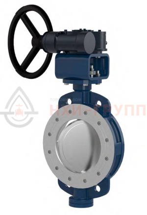 Дисковый затвор поворотный с двойным эксцентриситетом межфланцевый с гладкими проушинами двусторонний с редуктором ЗДП-ДЭМФ.МФГП.ДС.РД.НХИ.200.010.06.04.04.УХЛ1 DN 200 PN 1 МПа