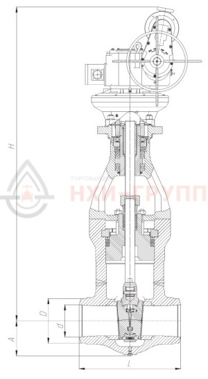 Запорная задвижка под приварку с электроприводом (Н-Б1-08 У2) 2с-30-1ЭМ DN 80 PN 10 МПа Т450 °С, корпус ст. 25Л