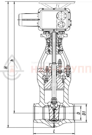 Запорная задвижка под приварку с электроприводом (ГЗ-Б.300/24 У1) 2с-33-1ЭГ DN 80 PN 6,3 МПа Т425 °С, корпус ст. 25Л