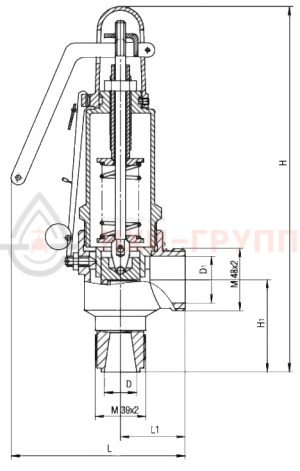 Предохранительный клапан пружинный сальниковый штуцерно-торцевой с приспособлением для принудительного открытия 17б5бк DN 25/40 PN 1,6/0,6 МПа УХЛ4, корпус латунь, класс герметичности «В» по ГОСТ 9544-2015