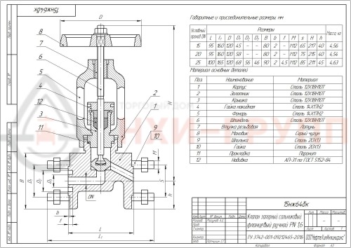 Клапан запорный сальниковый фланцевый ручной 15нж64бк DN 20 PN 1,6 МПа У1, корпус ст. 12Х18Н10Т, класс герметичности «В» по ГОСТ 9544-2015