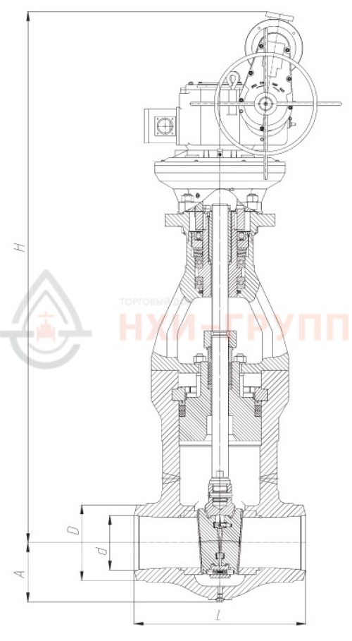 Задвижка запорная под приварку с электроприводом (Н-Д-17) 884-325-ЭМ DN 325 PN 28,4 МПа Т510 °С, корпус ст. 15Х1М1ФЛ