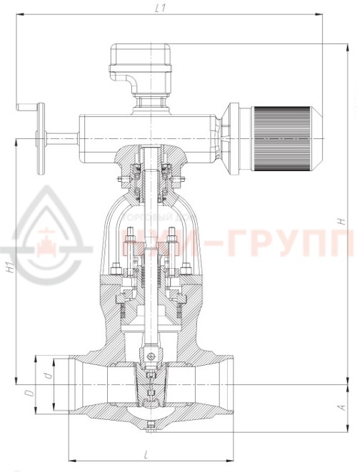 Задвижка запорная под приварку с электроприводом (793-Э-0) 1016-250-Э DN 250 PN 10,0 МПа Т450 °С, корпус ст. 15ГС
