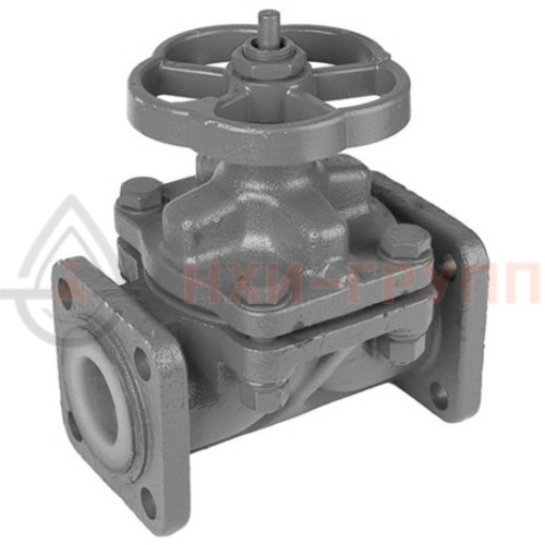 Клапан запорный мембранный футерованный фторопластом фланцевый ручной 15ч75п2м DN 25 PN 1,0 МПа У3, корпус чугун, класс герметичности «С» по ГОСТ 9544-2015
