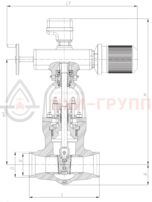 Задвижка запорная под приварку с электроприводом (795-Э-0) 1012-225-Э DN 225 PN 23,5 МПа Т250 °С, корпус ст. 15ГС