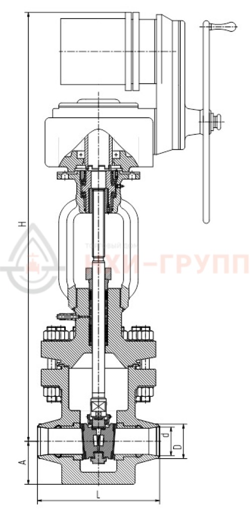 Задвижка запорная под приварку с электроприводом 1080-400-Э DN 400 PN 12,0 МПа Т250 °С, корпус ст. 15ГС