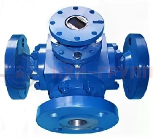 Кран шаровой разборный трехходовой полнопроходной фланцевый с редуктором КШ-Р.ТХ.ПП.Ф.РД.НХИ.200.016.02.ХЛ1 DN 200 PN 1,6 МПа, корпус ст. 09Г2С, класс герметичности «А» по ГОСТ 9544-2015