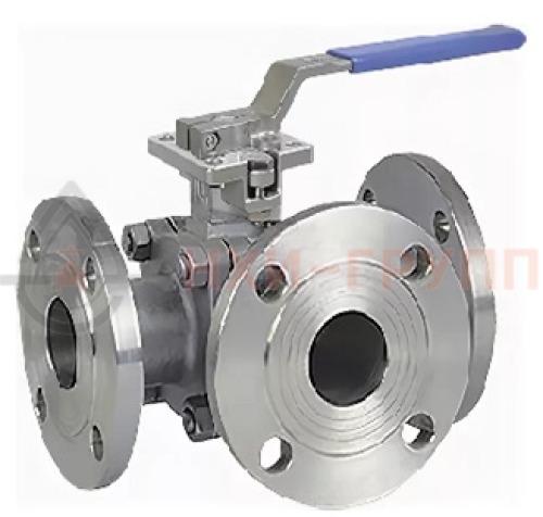 Кран шаровой разборный трехходовой полнопроходной фланцевый ручной КШ-Р.ТХ.ПП.Ф.Р.НХИ.032.025.03.УХЛ1 DN 32 PN 2,5 МПа, корпус ст. 12Х18Н10Т, класс герметичности «А» по ГОСТ 9544-2015