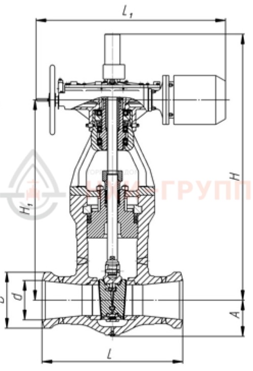 Задвижка запорная под приварку с электроприводом (795-Э-0-V) 884-250-Э DN 250 PN 28,4 МПа Т510 °С, корпус ст. 15Х1М1Ф