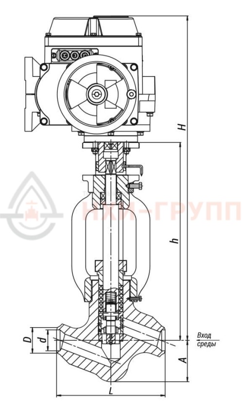 Клапан регулятор температуры прямоточный под приварку с электроприводом (МЭОФ-250/25-0,25У-99К) 22с-32-1-Э DN 32 PN 25,0 Т545 °С, корпус ст. 12Х1МФ