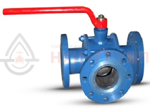 Кран шаровой разборный трехходовой неполнопроходной фланцевый ручной КШ-Р.ТХ.НП.Ф.Р.НХИ.125/100.025.02.ХЛ1 DN 125/100 PN 2,5 МПа, корпус ст. 09Г2С, класс герметичности «А» по ГОСТ 9544-2015