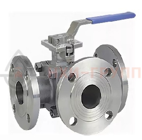 Кран шаровой разборный трехходовой неполнопроходной фланцевый ручной КШ-Р.ТХ.НП.Ф.Р.НХИ.065/050.016.04.УХЛ1 DN 65/50 PN 1,6 МПа, корпус ст. 10Х17Н13М2Т, класс герметичности «А» по ГОСТ 9544-2015