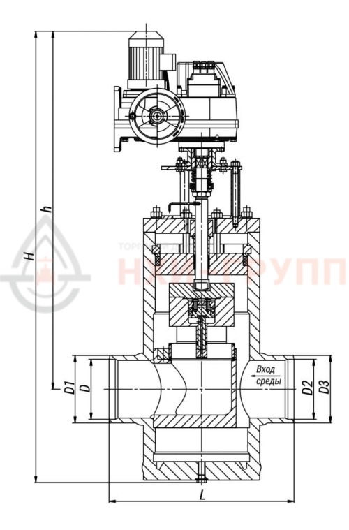 Клапан регулирующий разгруженный под приварку с электроприводом (МЭОФ-1000/25-025У-97К) 23с-150-2-Э DN 150 PN 6,3 Т425 °С, корпус ст. 20