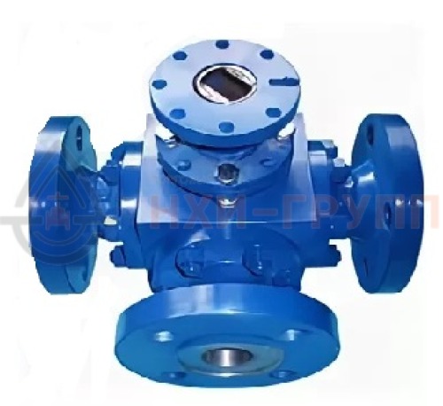 Кран шаровой разборный трехходовой полнопроходной фланцевый с редуктором КШ-Р.ТХ.ПП.Ф.РД.НХИ.150.063.02.ХЛ1 DN 150 PN 6,3 МПа, корпус ст. 09Г2С, класс герметичности «А» по ГОСТ 9544-2015