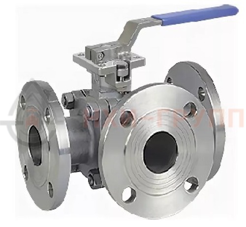 Кран шаровой разборный трехходовой неполнопроходной фланцевый ручной КШ-Р.ТХ.НП.Ф.Р.НХИ.100/080.063.03.УХЛ1 DN 100/80 PN 6,3 МПа, корпус ст. 12Х18Н10Т, класс герметичности «А» по ГОСТ 9544-2015