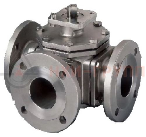 Кран шаровой разборный трехходовой полнопроходной фланцевый с редуктором КШ-Р.ТХ.ПП.Ф.РД.НХИ.200.063.03.УХЛ1 DN 200 PN 6,3 МПа, корпус ст. 12Х18Н10Т, класс герметичности «А» по ГОСТ 9544-2015