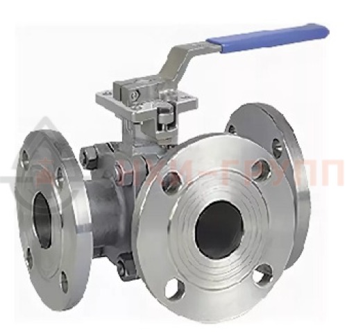 Кран шаровой разборный трехходовой полнопроходной фланцевый ручной КШ-Р.ТХ.ПП.Ф.Р.НХИ.020.063.03.УХЛ1 DN 20 PN 6,3 МПа, корпус ст. 12Х18Н10Т, класс герметичности «А» по ГОСТ 9544-2015