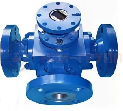 Кран шаровой разборный трехходовой полнопроходной фланцевый с редуктором КШ-Р.ТХ.ПП.Ф.РД.НХИ.150.100.02.ХЛ1 DN 150 PN 10,0 МПа, корпус ст. 09Г2С, класс герметичности «А» по ГОСТ 9544-2015