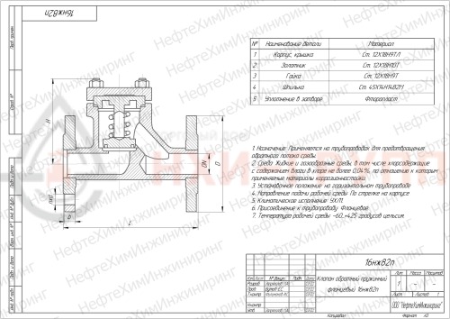 Клапан обратный пружинный фланцевый 16нж82п DN 50 PN 4,0 МПа УХЛ1, корпус ст. 12Х18Н9ТЛ