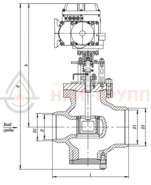 Клапан регулирующий под приварку с электроприводом (МЭОФ-250/25-0,25У-99К) 6с-9-1Э DN 80 PN 10,0 МПа Т450 °С, корпус ст. 25Л