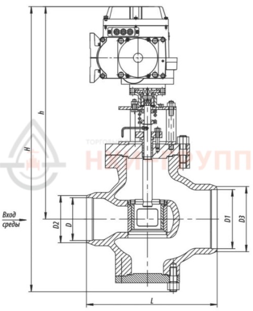 Клапан регулирующий под приварку с электроприводом (МЭОФ-250/25-0,25У-99К) 6с-13-4Э DN 200 PN 10,0 МПа Т450 °С, корпус ст. 25Л