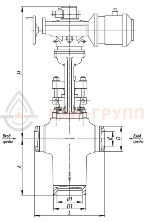Клапан запорно-дроссельный под приварку с электроприводом (794-Э-0а) 950-100/150-Э DN 100 PN 25,0 МПа Т545 °С, корпус ст. 15Х1М1ФЛ