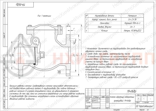 Клапан обратный поворотный фланцевый 19ч16бр DN 100 PN 1,6 МПа У3, корпус чугун