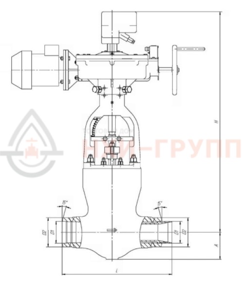 Клапан регулирующий под приварку с электроприводом (793-ЭР-0-04) 870-200-ЭШ DN 200 PN 37,3 МПа Т280 °С, корпус ст. 25Л