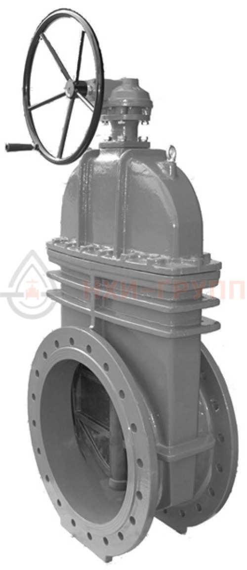 Задвижка с обрезиненным клином литая с невыдвижным шпинделем фланцевая с редуктором 30ч539р DN 1200 PN 1,0 МПа У3, корпус чугун, класс герметичности «А» по ГОСТ 9544-2015